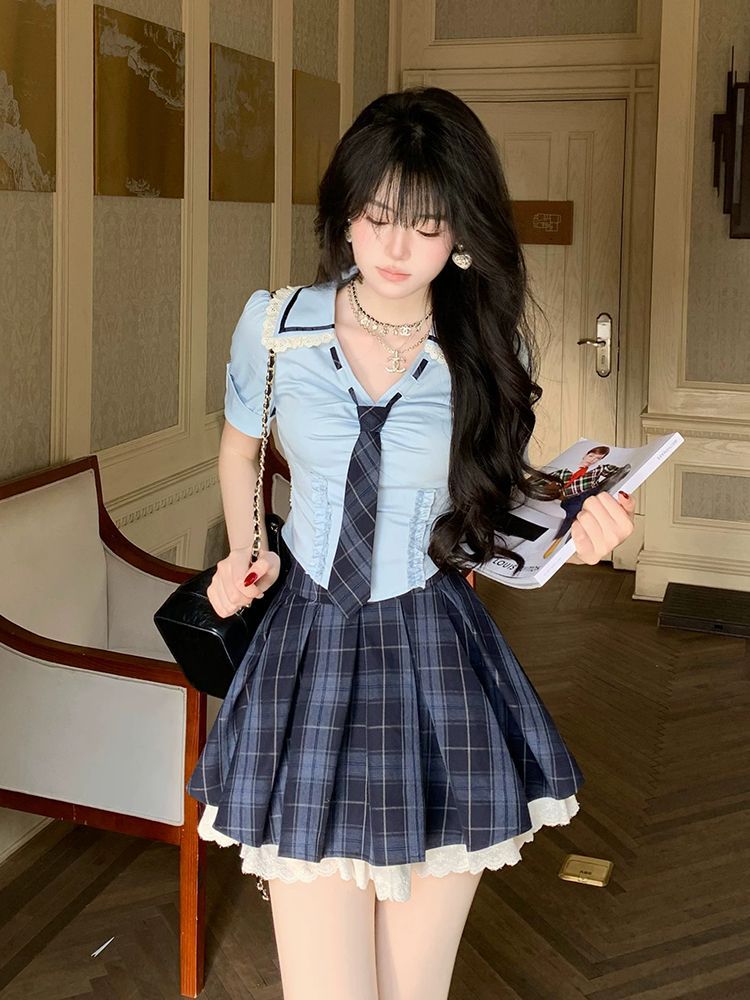 Conjunto de Verão Novo Preppy  - Elastic Lace Trim avaliação e preço